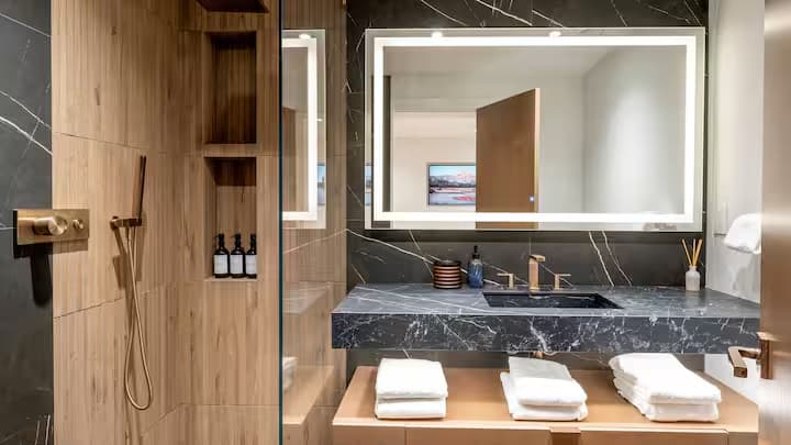 Stone vanity and rain shower